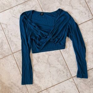 SHEIN Teal Long Sleeve Twist Crop Top